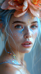 Woman with a big flower on her head and with glowing glitter makeup art photo