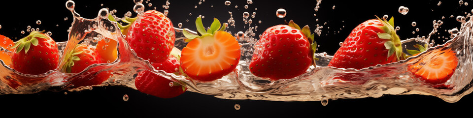 Macro fruit photography, strawberries in the air, freeze motion, liquid flying