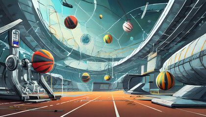 futuristic sports and athletics with advanced equipment and venues.