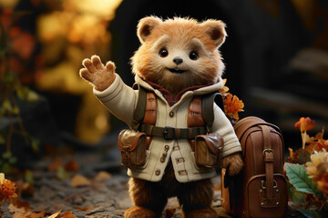 A brown baby bear wearing a backpack, waving hello on a brown background.