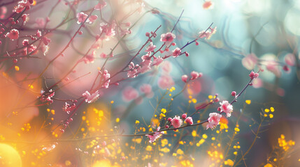 Sakura blossoms in pink color. Beautiful spring background with branch of blooming sakura. Cherry blossom season in Japan