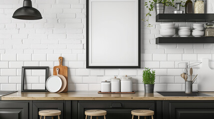 "Sleek Kitchen Design Mock-up"
Elegant kitchen scene with black accents, a framed poster on a white brick wall, and natural wood elements, ideal for product or design visualizations.