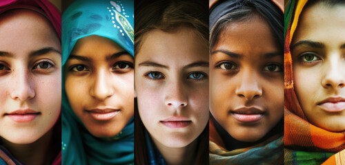 A diverse group of women wearing headscarves and scarves are seen together in a gathering - obrazy, fototapety, plakaty
