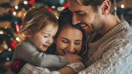 A man, a woman, and a child embrace lovingly in front of a decorated Christmas tree, expressing joy...