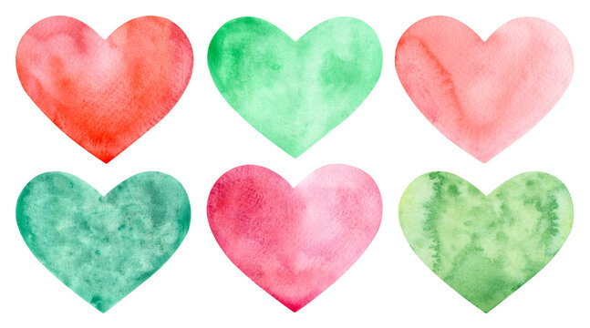 Set of hand painted watercolor pink and green hearts isolated on a white background.