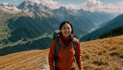 Deurstickers Ragazza di origini asiatichei sorride felice mentre cammina durante un trekking estivo in montagna su un sentiero delle Alpi  © Wabisabi