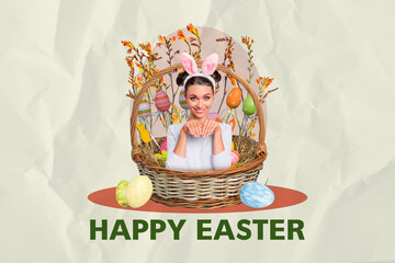 Composite collage picture image of cute charming girl pretend rabbit eggs basket easter concept unusual fantasy billboard comics
