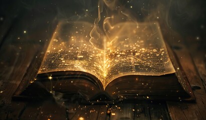 Open book with glowing sparks. The concept of inspiration and imagination.