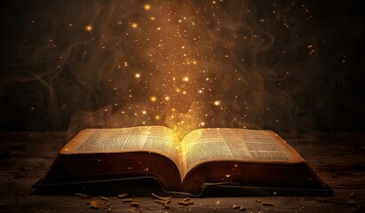 Magical book with flying sparks. The concept of knowledge and magic.