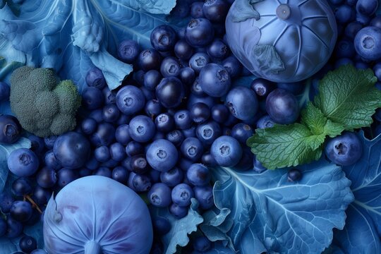 Background of blue fruits and vegetables.