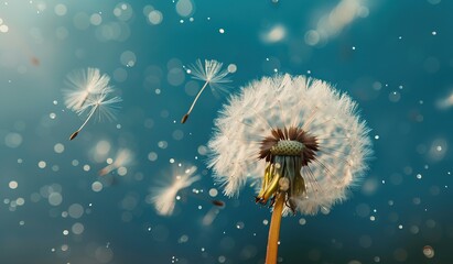 A dandelion with flying seeds against a blue sky. The concept of hope.