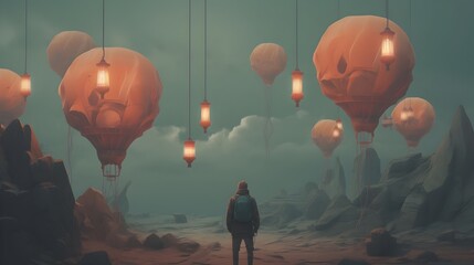 Solitary Figure Amid Floating Lanterns in a Dreamlike,Surreal Landscape