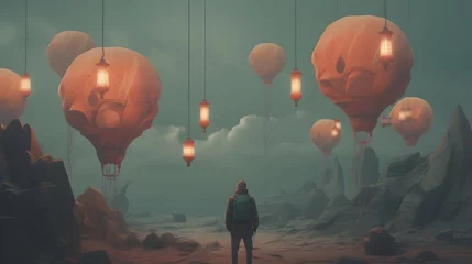 Tuinposter Solitary Figure Amid Floating Lanterns in a Dreamlike,Surreal Landscape © yelosole