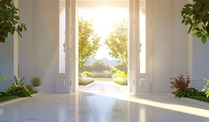 Open doors with a view of a sunny garden. The concept of home and harmony.