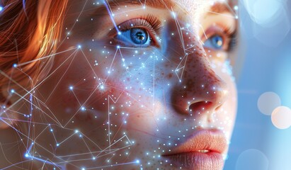 A female face with digital markers applied. The concept of technology