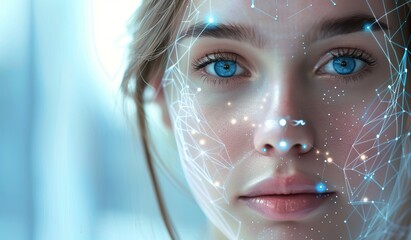 A female face with digital markers on a blue background. The concept of cybernetics and artificial intelligence.
