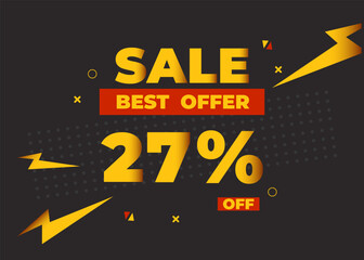 27% off sale best offer. Sale banner with twenty seven percent of discount, coupon or voucher vector illustration. Yellow and red template for campaign or promotion.