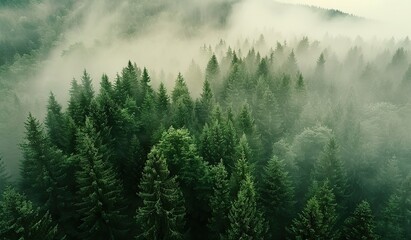 Green forest in fog, top view. The concept of a mysterious and uncharted nature.