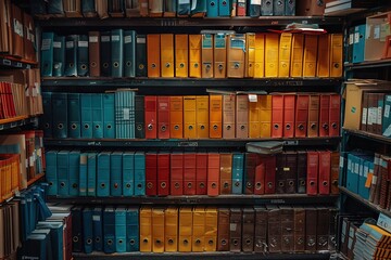 Organized file binders on shelves of an office - obrazy, fototapety, plakaty