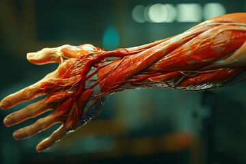 Obraz na płótnie Canvas Structure of the arm muscles, anatomy of the veins with ligaments, tendons, muscle fibers, extended arm without skin, abstract model