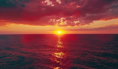 Sunset over the ocean with sun reflection. Serenity and meditation concept.