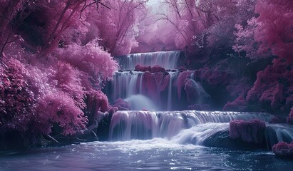 Pink waterfall in a mystical forest. The concept of a fairy-tale landscape and the magic of nature.
