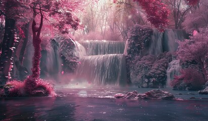 Waterfall in a pink forest. The concept of a fairy-tale nature. - obrazy, fototapety, plakaty