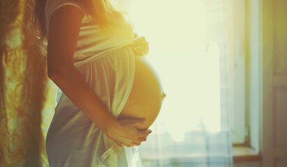 Pregnant woman in the rays of the sun. The concept of motherhood and new life.