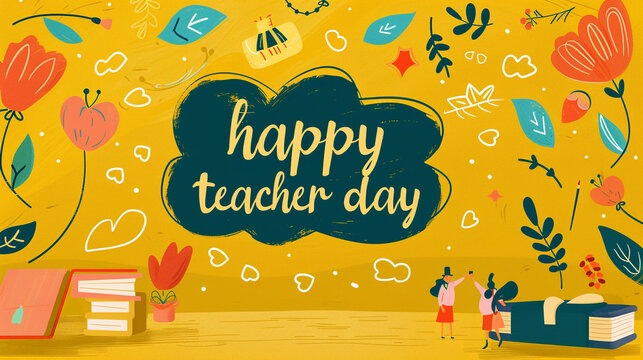 vector hand drawn flat with the text happy teacher day on yellow color background,High resolution professional photography.