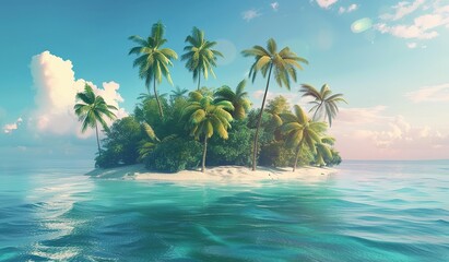 Tropical island with palm trees against the sea. The concept of paradisiacal seclusion. - obrazy, fototapety, plakaty