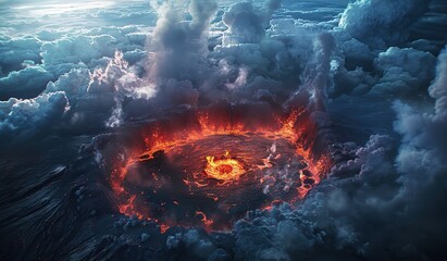 Volcano erupting among clouds. The concept of natural power and cataclysms.