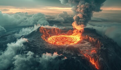 Volcano erupting spiral lava amidst clouds. The concept of nature's power.