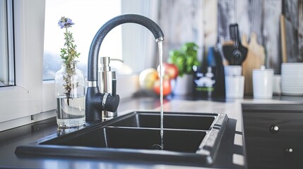 A sink with a black faucet and a glass of water on the counter. The sink is in a kitchen with a window and a vase with flowers on the counter - obrazy, fototapety, plakaty