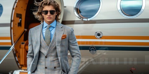 Stylish businessman exiting a private jet. With an air of sophistication, the businessman strides confidently towards the awaiting crowd, his tailored suit billowing in the wind.