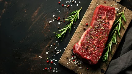 Fotobehang A slab of meat with a sprinkle of pepper and rosemary on top. The meat is on a wooden cutting board © EUT