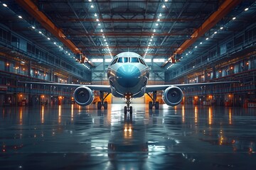 Passenger airplane on maintenance in airport hangar - obrazy, fototapety, plakaty
