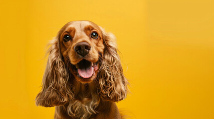 A brown dog with long hair is smiling and looking at the camera
