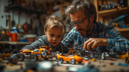 A man and a child are playing with toy cars on a table