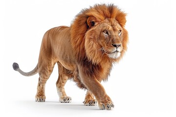 Majestic king, a large adult lion in motion against a white background.