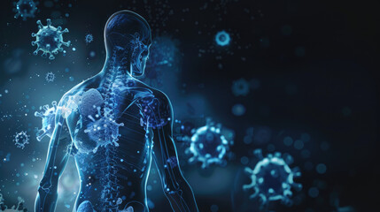 illustration of the human body with blue color and show some virus cells spreading in it - obrazy, fototapety, plakaty
