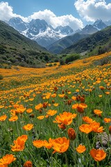 Fototapeta premium A scenic meadow adorned with wildflowers under the sunny sky, embodying the essence of spring.