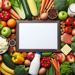 Mock-up wooden frame with space for text surrounded by healthy foods and snacks on a wooden table. For motivational, dieting, meal planning and prepping.