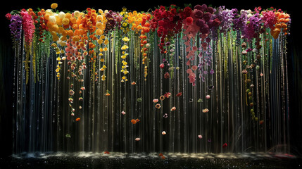 A colorful display of flowers cascading down a wall
