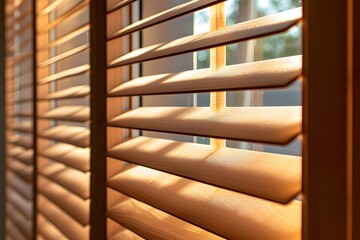 A detailed view of wooden blinds covering a window. This versatile image can be used to depict home decor, interior design, privacy, or natural lighting
