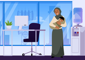 Fototapeta premium Muslim mother employee holding a newborn baby, vector Islamic business woman in hijab takes care of infant in the office
