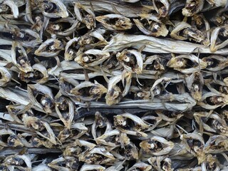 Close-up shot of a large pile of traditional dried fish, taken in Bo in Lofoten, Norway