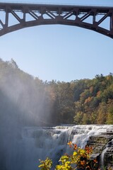 Scenic view of a railroad bridge traversing a majestic waterfall in Letchworth State Park, New York