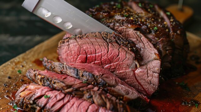 A large piece of meat is sliced into smaller pieces on a wooden cutting board. The meat is marinated and seasoned, and it is a delicious cut of beef. Concept of anticipation and enjoyment