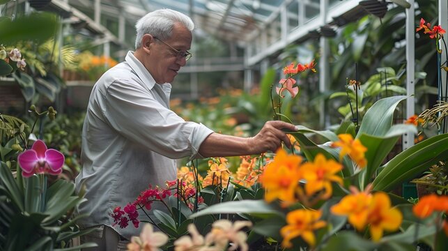 Colombiano empresario inspeccionando exuberantes flores exticas en un invernadero frondoso captando la belleza y vitalidad de la horticultura