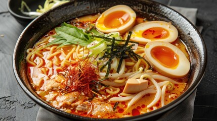 A bowl of ramen with eggs and seaweed. The bowl is black and the food is orange and red